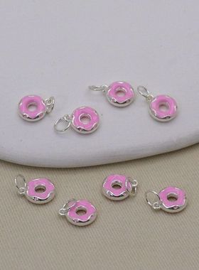 S925纯银粉色滴胶甜甜圈挂件 编绳串珠手链项链吊坠 素银饰品配件