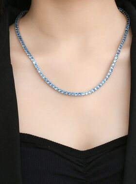 跨境欧美新款嘻哈网球链海蓝锆石4mm锆石男女款项链tennis chain
