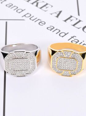 欧美新款嘻哈男士戒指 AAA高档锆石几何戒指指环BlingBlingCZRing