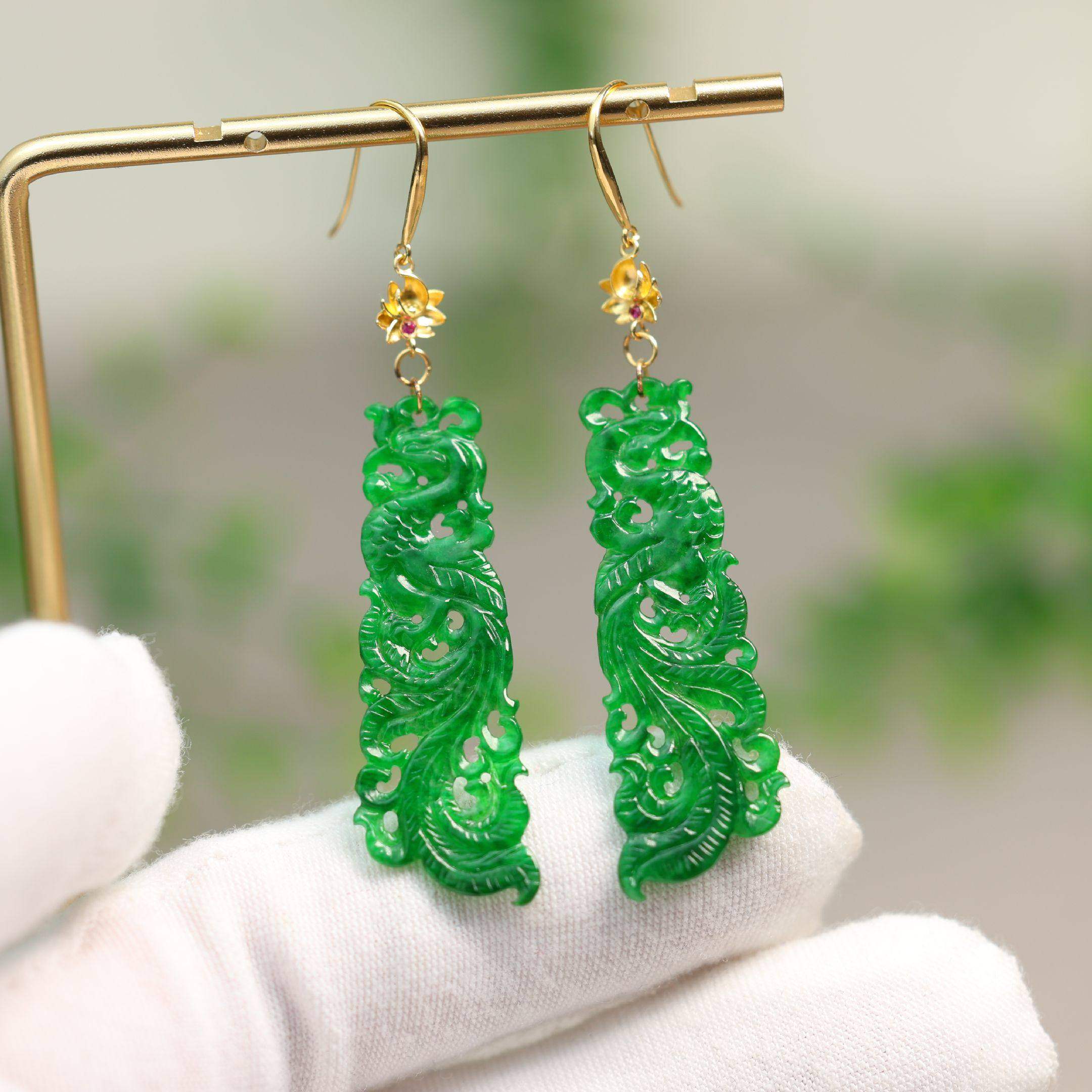 #D404 18K金镶嵌冰种辣绿缅甸天然A货翡翠镂空凤鸟耳坠古风耳饰,淘宝优惠券,粉丝福利购,淘宝优惠卷