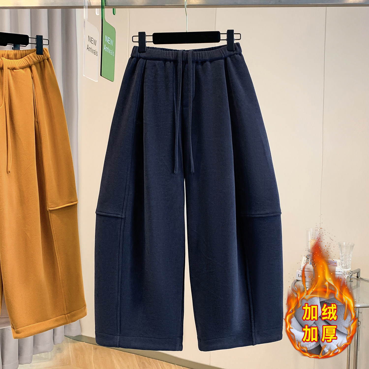 大码胖mm加绒毛呢镰刀阔腿裤女冬装抽绳松紧腰宽松休闲九分弯刀裤,淘宝优惠券,粉丝福利购,淘宝优惠卷