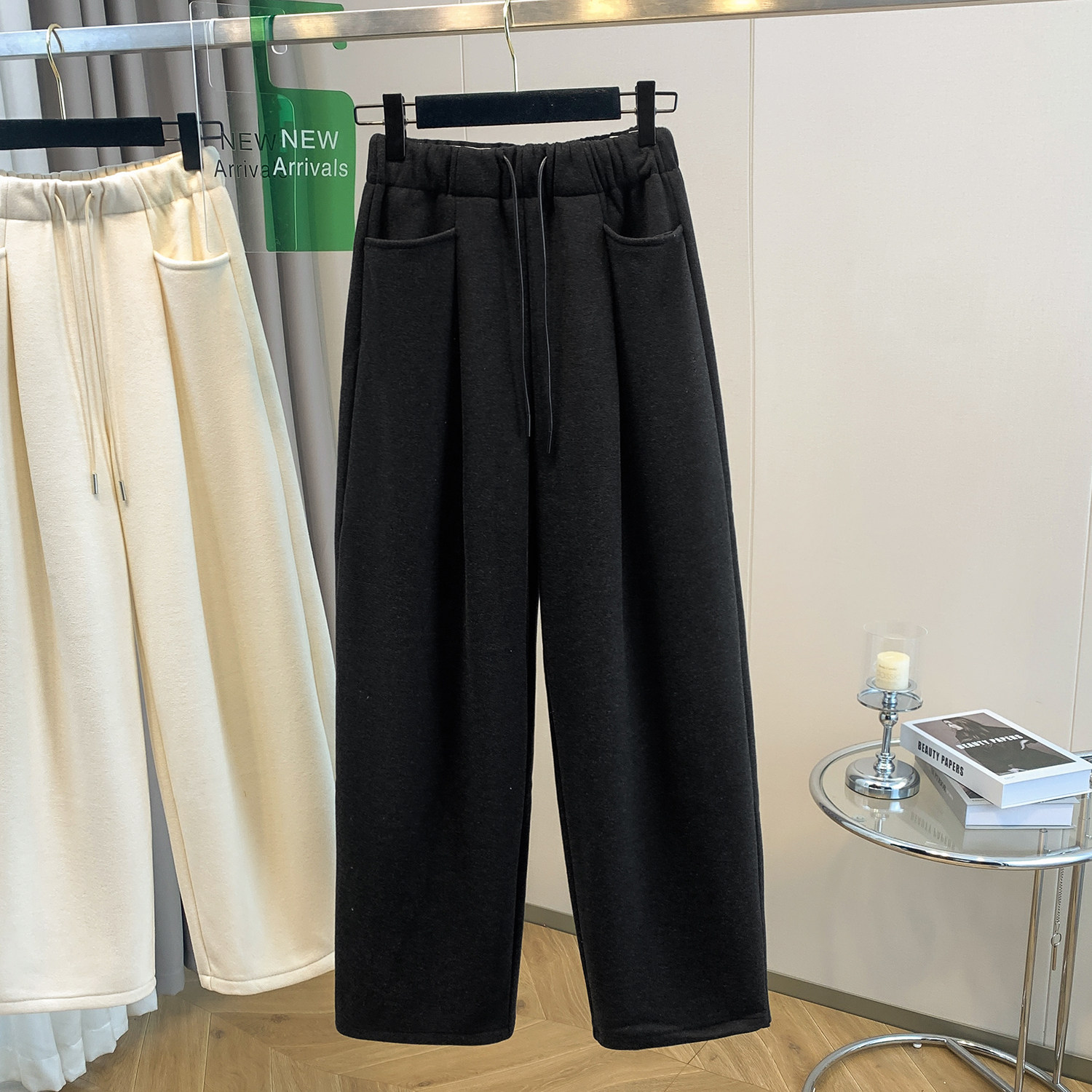 加绒毛呢阔腿裤女冬季抽绳松紧腰宽松软糯保暖糯米裤休闲直筒长裤,淘宝优惠券,粉丝福利购,淘宝优惠卷