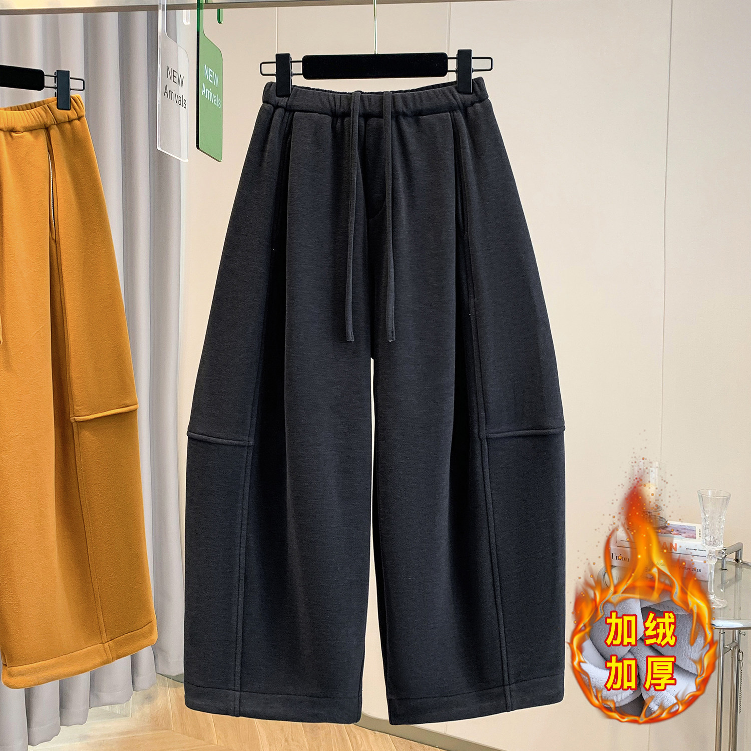 大码胖mm加绒毛呢镰刀阔腿裤女冬装抽绳松紧腰宽松休闲九分弯刀裤,淘宝优惠券,粉丝福利购,淘宝优惠卷