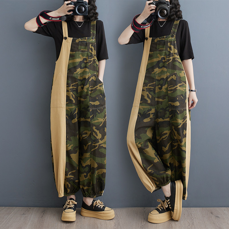 小菲家~2024春季新款宽松大码迷彩撞色牛仔背带裤女士工装连体裤,淘宝优惠券,粉丝福利购,淘宝优惠卷