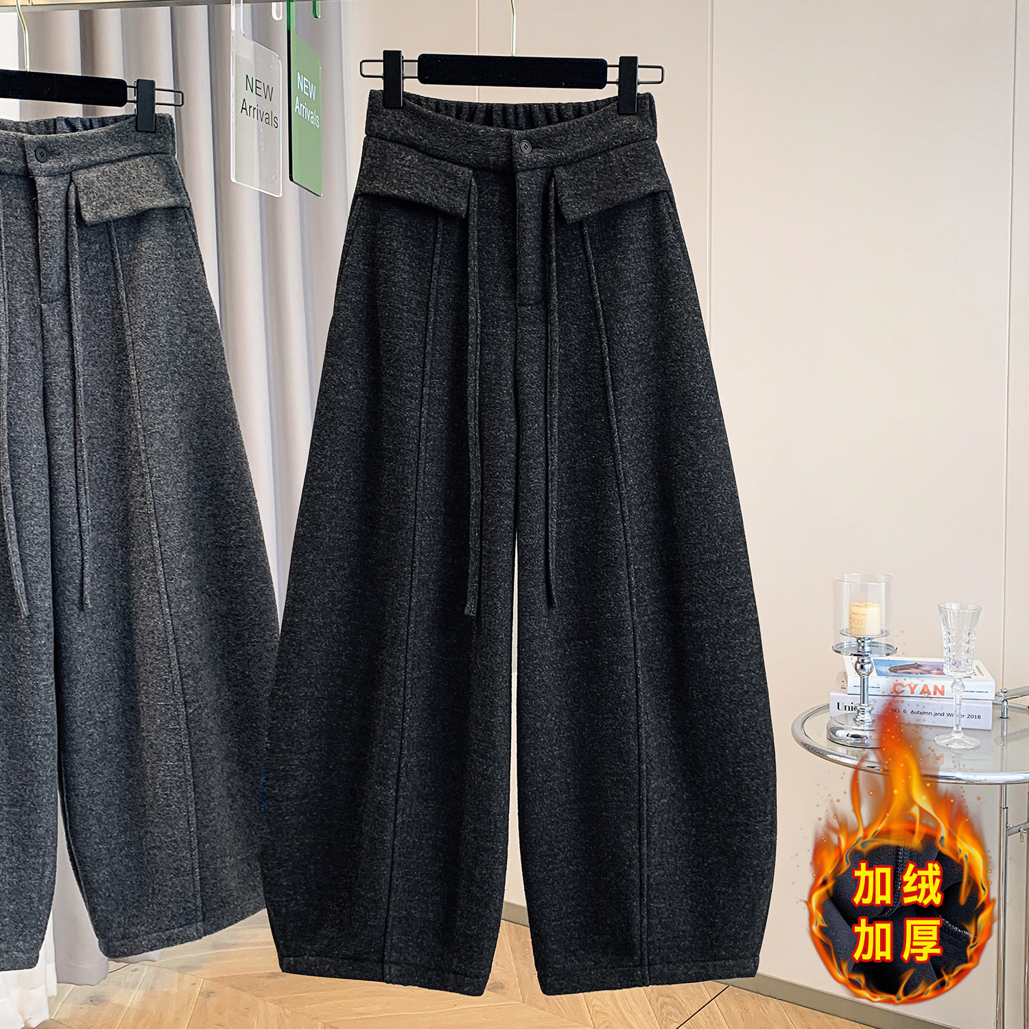 设计感毛呢加绒阔腿弯刀裤女2025冬季新款韩系显瘦垂感休闲气球裤,淘宝优惠券,粉丝福利购,淘宝优惠卷