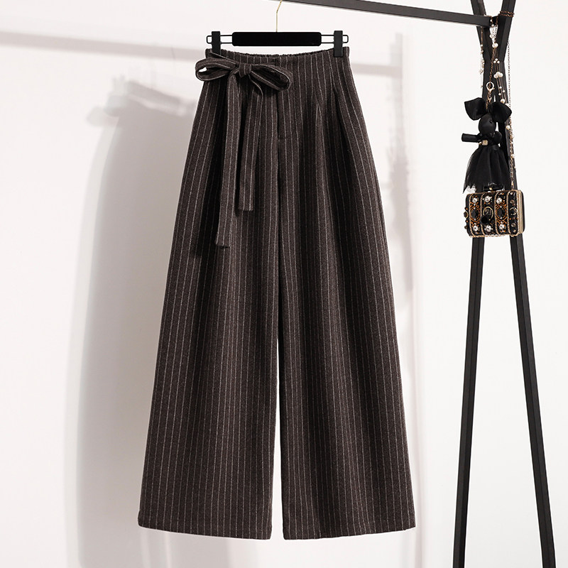 韩系竖条纹加厚毛呢阔腿裤女冬季胖mm宽松慵懒遮胯显瘦垂感长裤子,淘宝优惠券,粉丝福利购,淘宝优惠卷