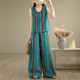 ຂະໜາດໃຫຍ່ Retro ແບບ Rainbow striped cotton and linen suit for women summer style vest casual wide leg pants trousers two piece set