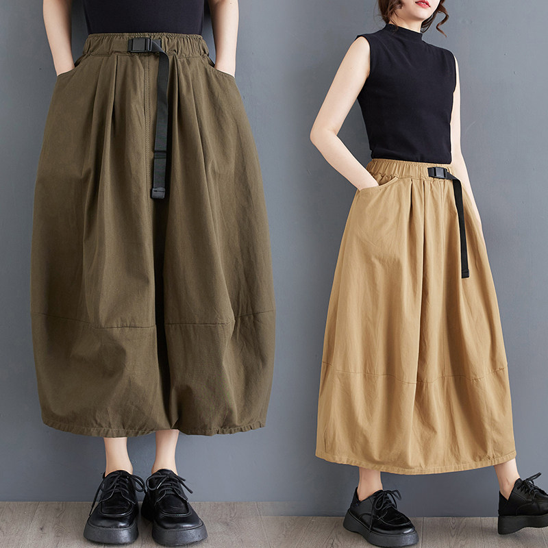 2024年夏季新款高腰半身裙文艺复古工装裙纯色拼接款A字型中长裙,淘宝优惠券,粉丝福利购,淘宝优惠卷