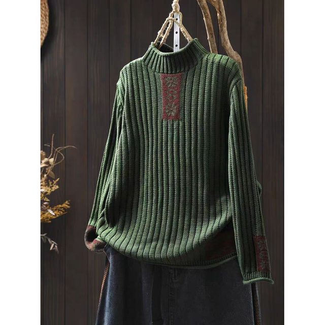 Women's artistic contrast patch embroidered turtleneck sweater