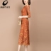 Labuan 2019 phụ nữ mới mùa hè đầm khí chất thời trang tay áo bảy điểm thon gọn váy ren màu cam - Váy eo cao