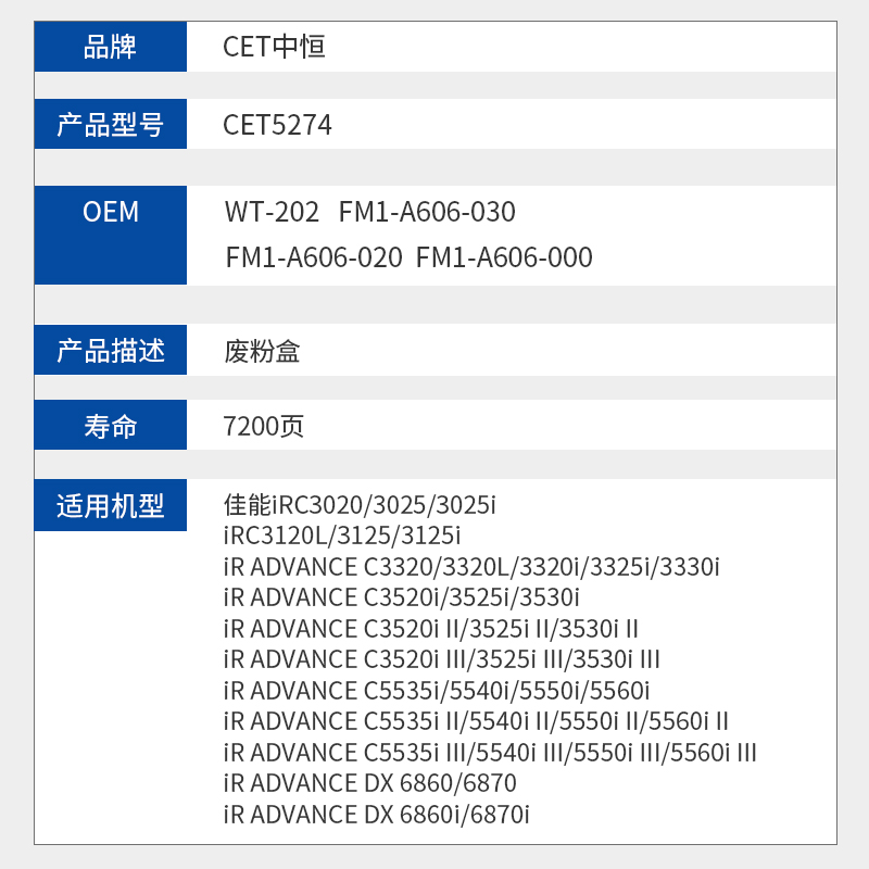 CET中恒适用佳能iRC3020 3025 3025i废粉盒 C3320 3320L 3320i 3325i 3330i复印机废粉仓 废粉收集器 - 图0