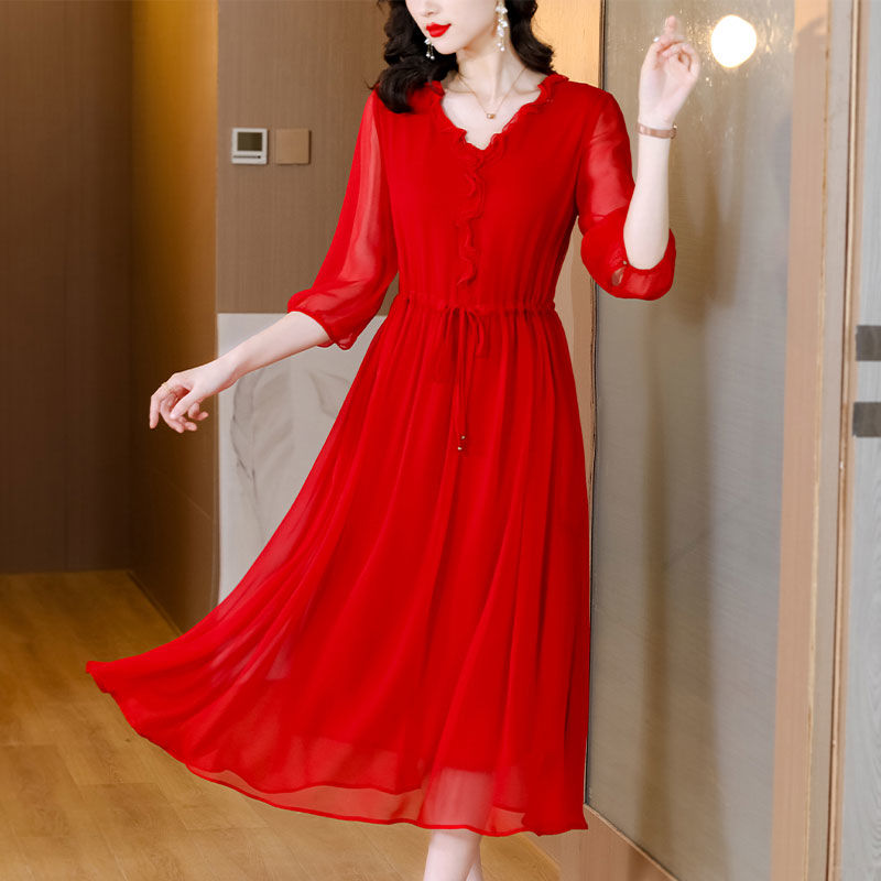红色连衣裙夏季2024新款高端精致女装气质收腰仙气雪纺中长款裙子