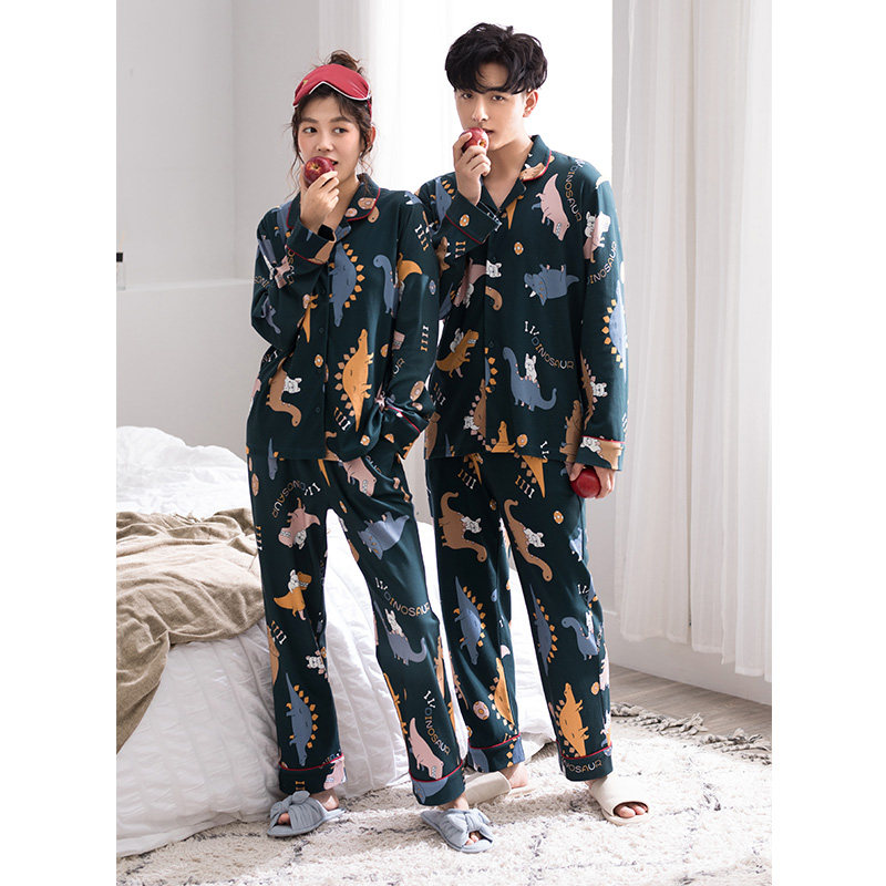 情侣春秋长袖纯棉墨绿恐龙网红睡衣 kerener可人儿睡衣/家居服套装