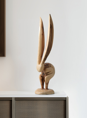 侘寂风实木雕刻长耳兔艺术雕塑