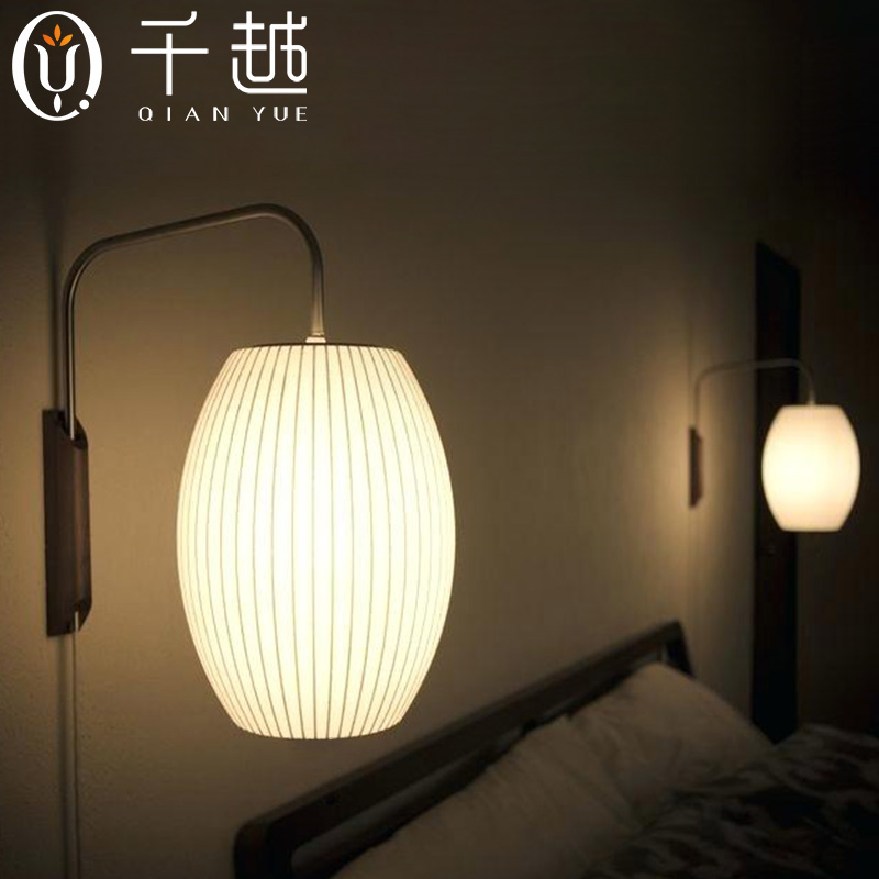 日式壁灯卧室温馨浪漫床头灯蚕丝布艺灯罩带拉线开关客厅禅意壁灯