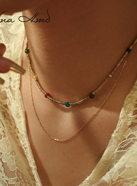 KNA珂娜「浆果与金」多层缤纷串珠项链钛钢镀18K金高保色锁骨链女