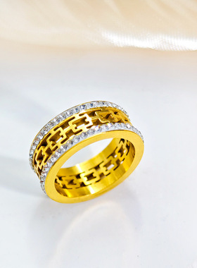 现在就出发王安宇同款长城纹钛钢戒指不掉色切割镂空两排镶钻指环