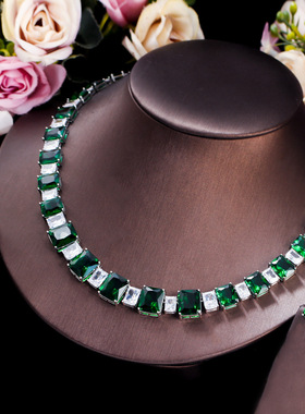 好团圆向南王玉雯同款锆石套链祖母绿宝石项链耳环结婚礼服套装