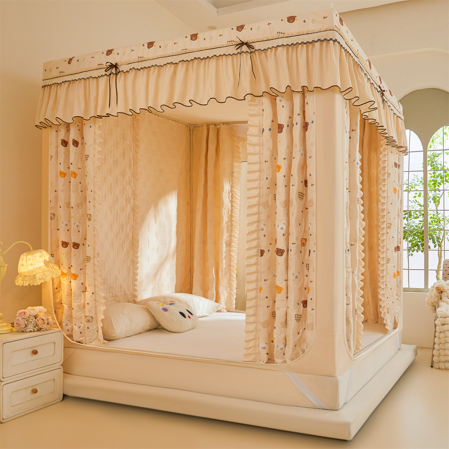 防摔保暖蚊帐冬季夹棉双层帐篷女人月子床上卧室挡风遮光免安装架,淘宝优惠券,粉丝福利购,淘宝优惠卷