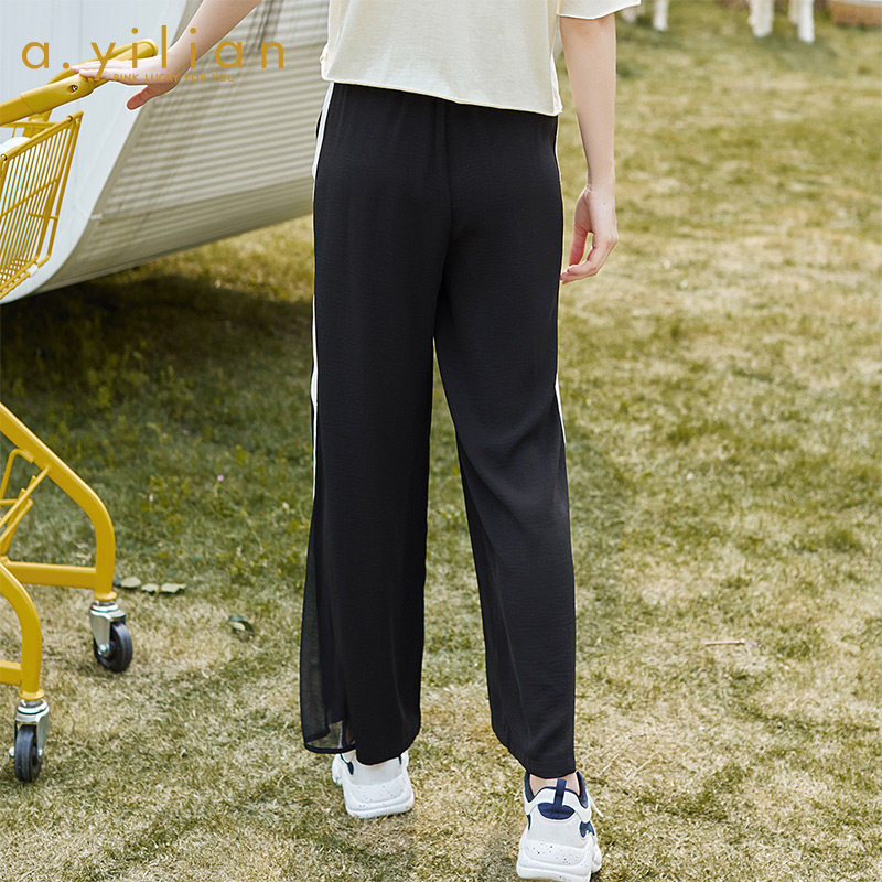 阿依莲2020撞色织带阔腿裤 ayilian休闲裤