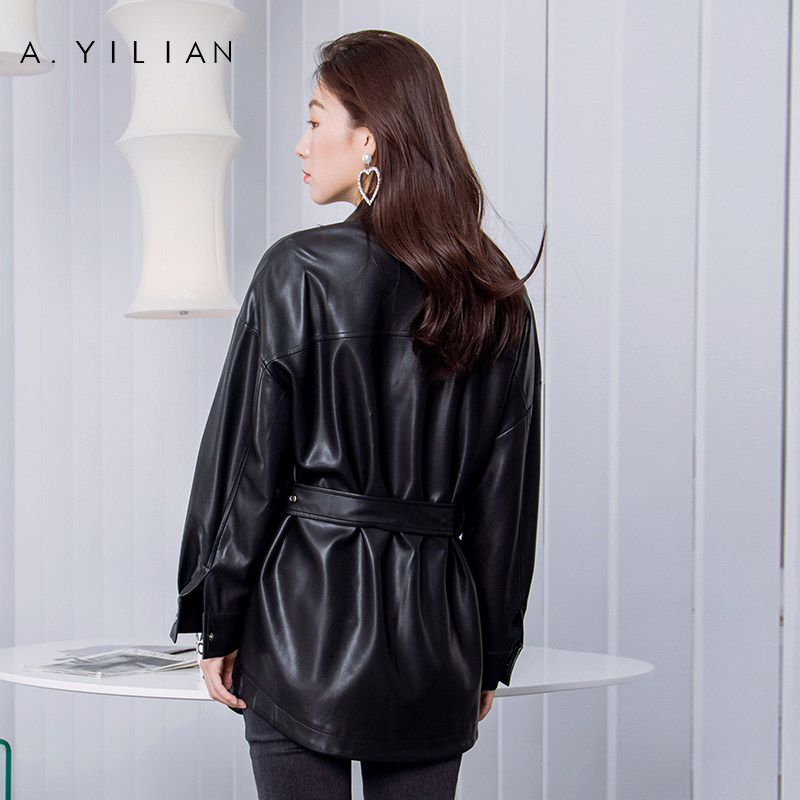 阿依莲长袖收腰2022秋季新款pu皮衣 ayilian毛衣