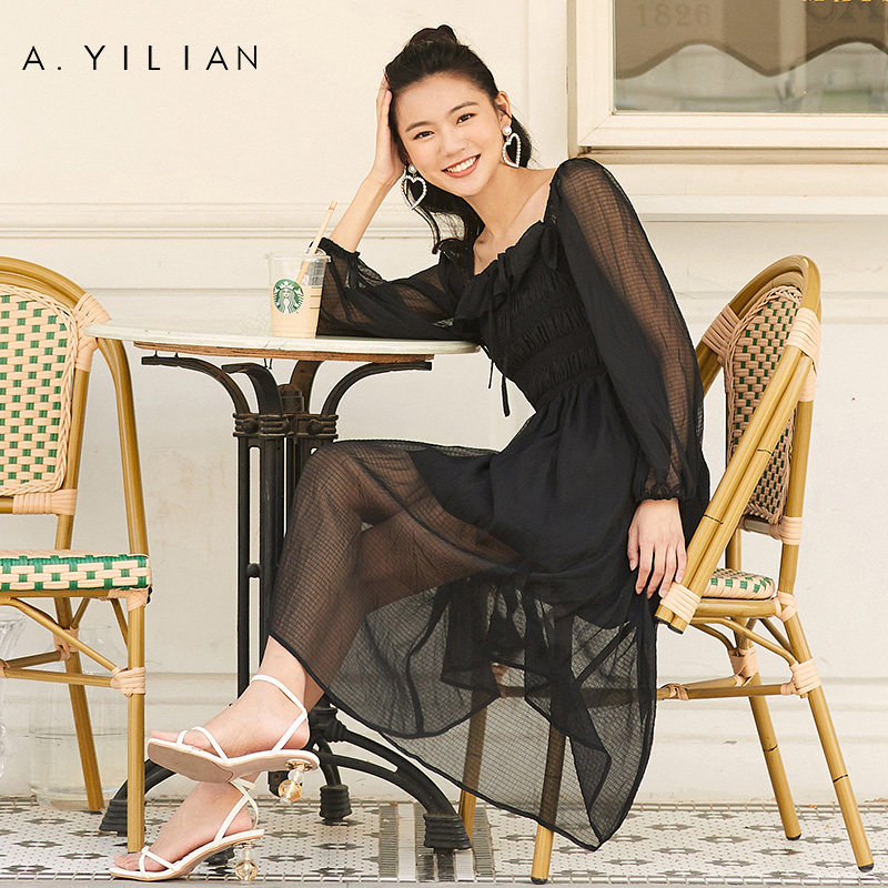 阿依莲优雅迷人高腰修身朦胧柔美秋 ayilian连衣裙