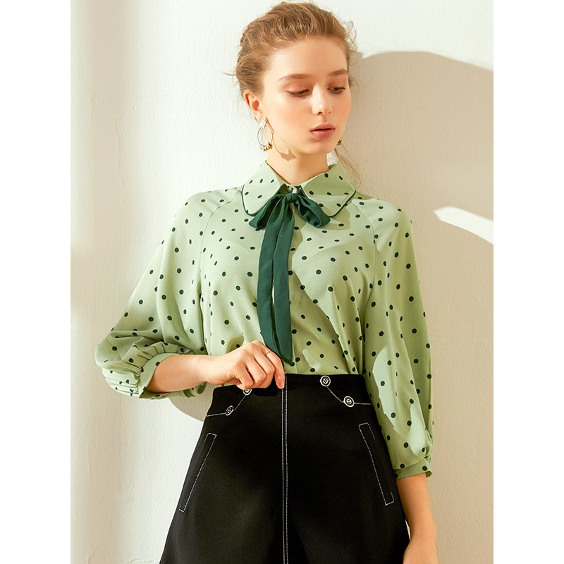 2020春新款欧美洋气百搭波点衬衫 兰洛琳蕾丝衫/雪纺衫