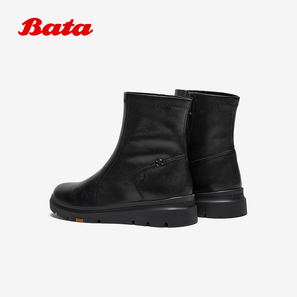 Bata时装靴女2025冬商场新款羊皮软底通勤厚底加绒短筒靴ABN69DZ5 - 图0