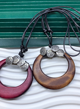 原创复古民族做旧系列木质圆环项链纽扣造型男女通用长款毛衣项