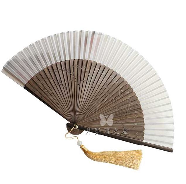 月亮扇纯色女扇6寸折扇汉服扇竹柄真丝扇夏季日用扇礼品扇米黄色_虎窝淘