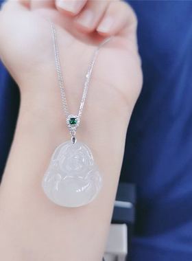 S925纯银时尚微镶白玉髓大佛项链笑口常白玉髓弥勒佛凤尾链带证书