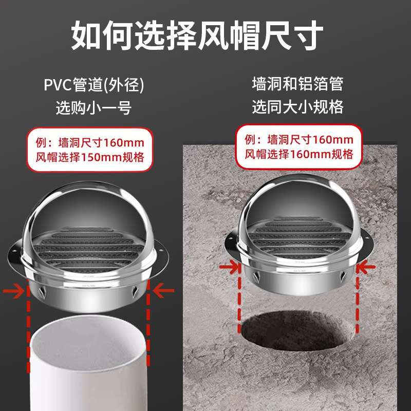 304不锈钢风帽外墙出风口油烟机排烟管排气罩防风雨排风防虫网罩,淘宝优惠券,粉丝福利购,淘宝优惠卷