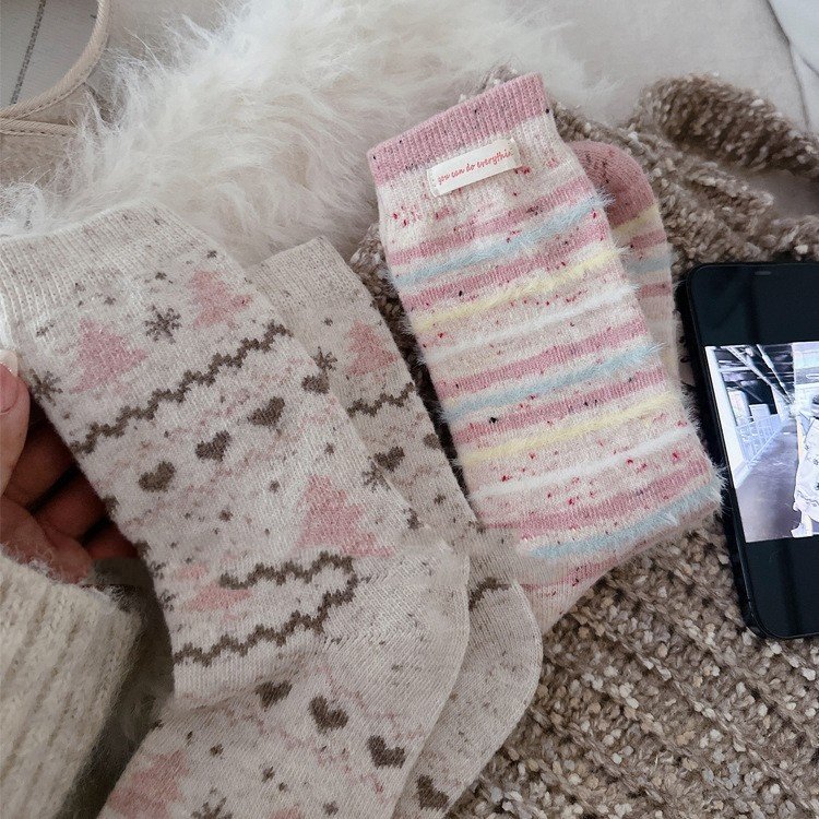 秋冬氛围感灰粉色加厚羊毛袜费尔岛保暖ins小红书同款中筒堆堆袜,淘宝优惠券,粉丝福利购,淘宝优惠卷