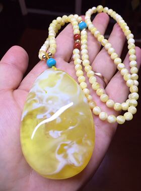 纯天然蜜蜡 金绞白 妖花 蜜蜡 妖孽 坠子配项链 一套 45克 仙气