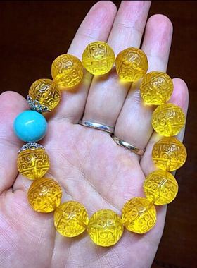 净水金珀回纹珠手串 净透无暇13.7mm 22.8克 吉祥如意 俄料浓郁色