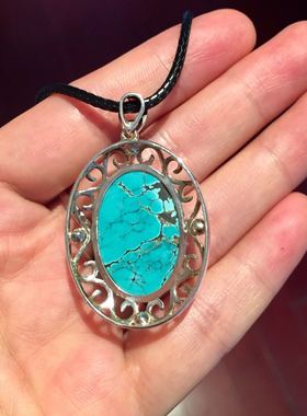 原矿绿松石瓷釉级纯银镶嵌吊坠