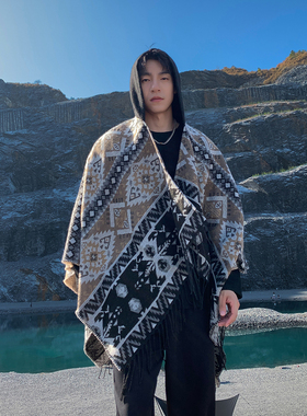 民族风披肩新款秋冬新疆西藏斗男士篷大披风外搭时尚连帽旅游拍照