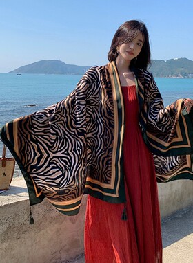 韩版斑马条纹春夏季丝巾女外搭披肩旅行防晒防风围巾海边沙滩巾