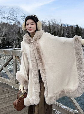 毛毛领连帽子披肩女秋冬季长款斗篷贵妇大衣披风时尚气质保暖外套