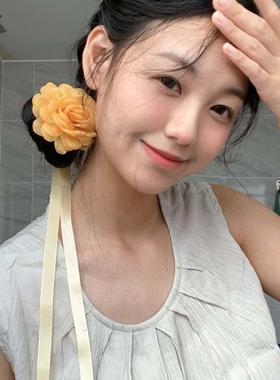 复古金色玫瑰花朵项链发绳两用女小香风山茶花头绳发带扎马尾头饰