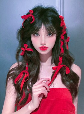 甜妹发饰新年红色丝绒蝴蝶结发夹