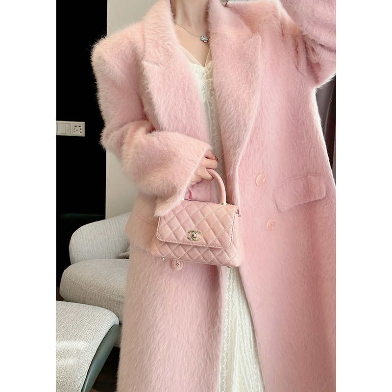 董小姐高端定制简约气质粉色兔毛大衣外套女秋冬高级感小个子毛呢