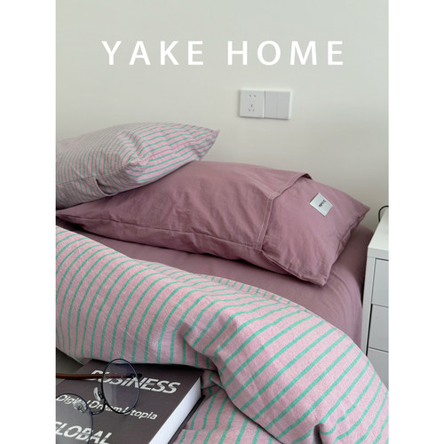 YAKEHOME【蜃楼织境】复古风粉紫色条纹全棉水洗棉四件套纯棉床单 - 图0