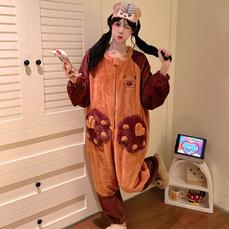 卡皮巴拉连体睡衣女中大童秋冬季法兰绒加绒加厚珊瑚绒卡通家居服,淘宝优惠券,粉丝福利购,淘宝优惠卷