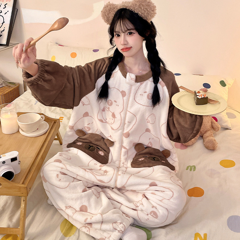 卡皮巴拉连体睡衣女中大童秋冬季法兰绒加绒加厚珊瑚绒卡通家居服,淘宝优惠券,粉丝福利购,淘宝优惠卷