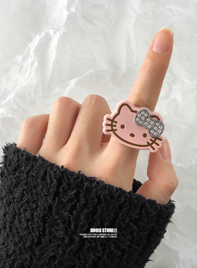 多喜商店【BLACK&PINK】镶钻黑粉KT猫镶钻蝴蝶结卡通小众情侣戒指