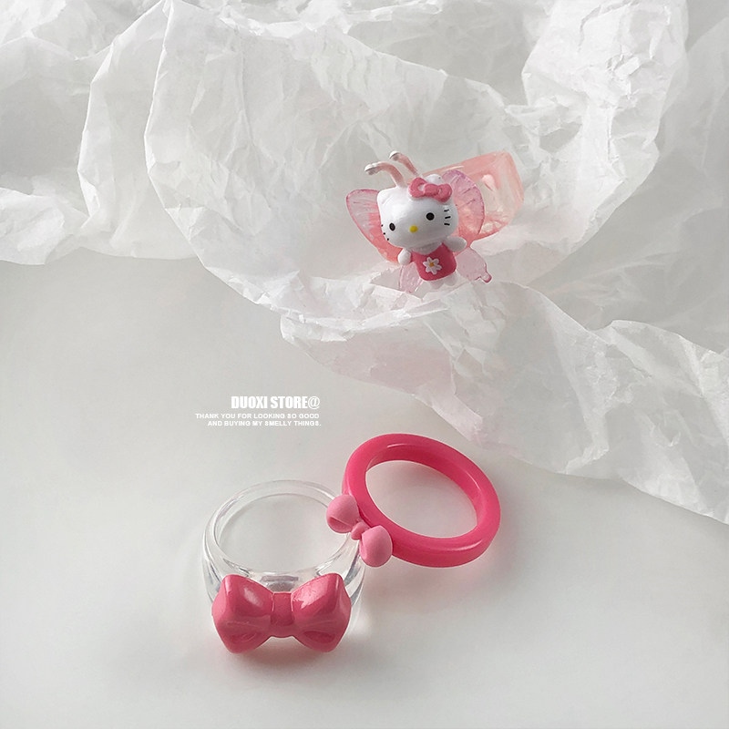 Duoxi Store Elf Princess Pink HelloKitty Kitty bow-length folded ring