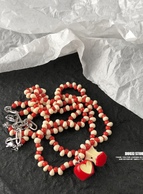树脂米珠女苹果红白串珠项链