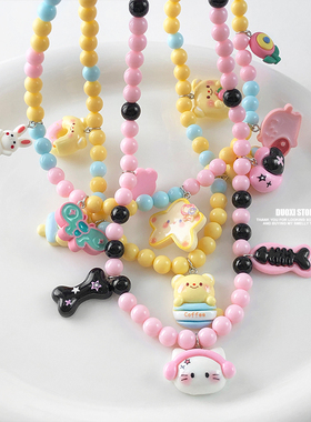 塑料树脂女可爱串珠彩色猫咪项链