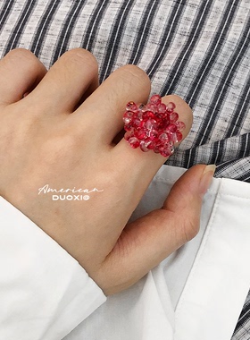 多喜商店【榴光碎金】复古红透金箔珠子爆炸花甜酷少女可调节戒指